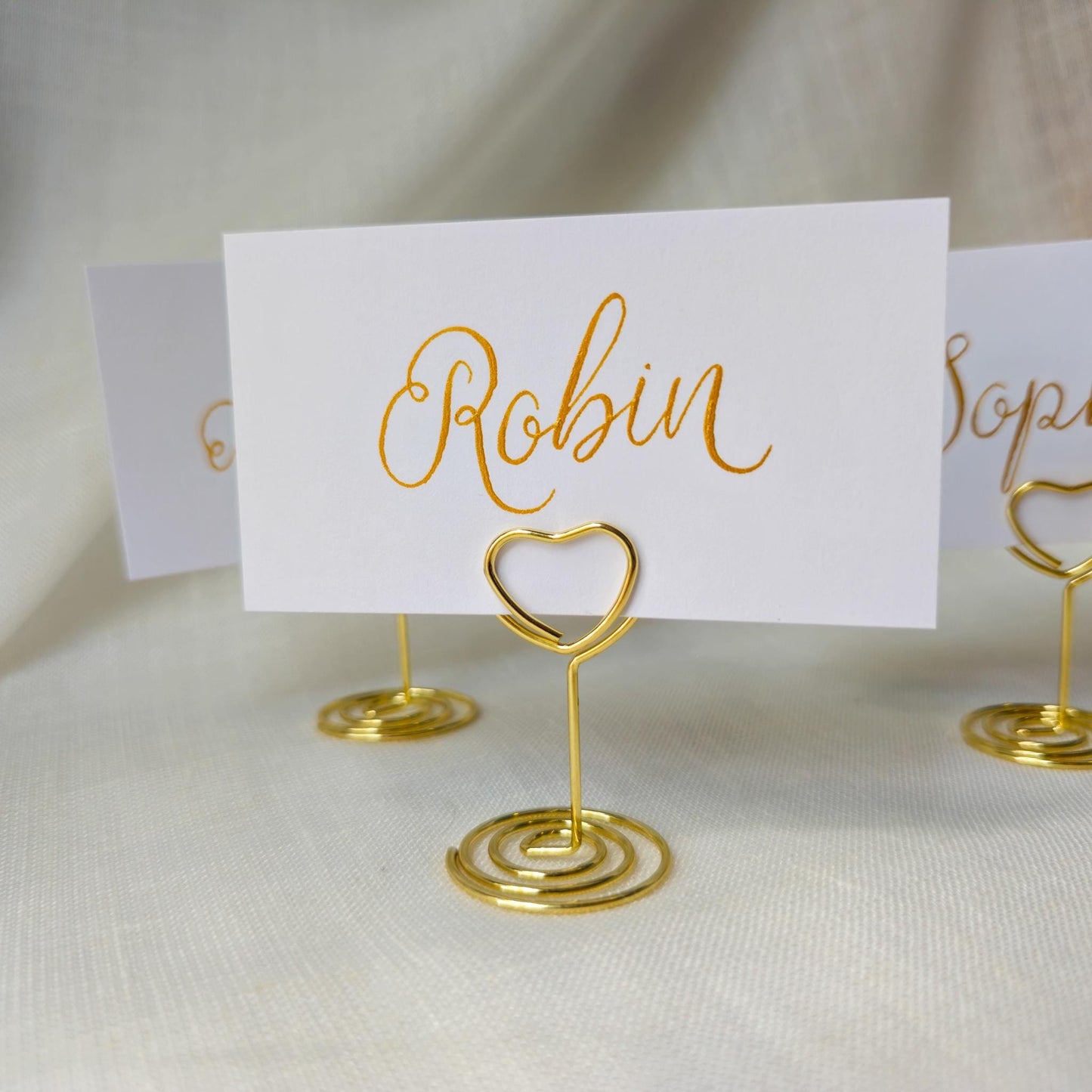 Place Name and Matching Holder, Heart Metal Wedding Name Card Stand, White and Gold Calligraphy, Table Number or Photo Holder