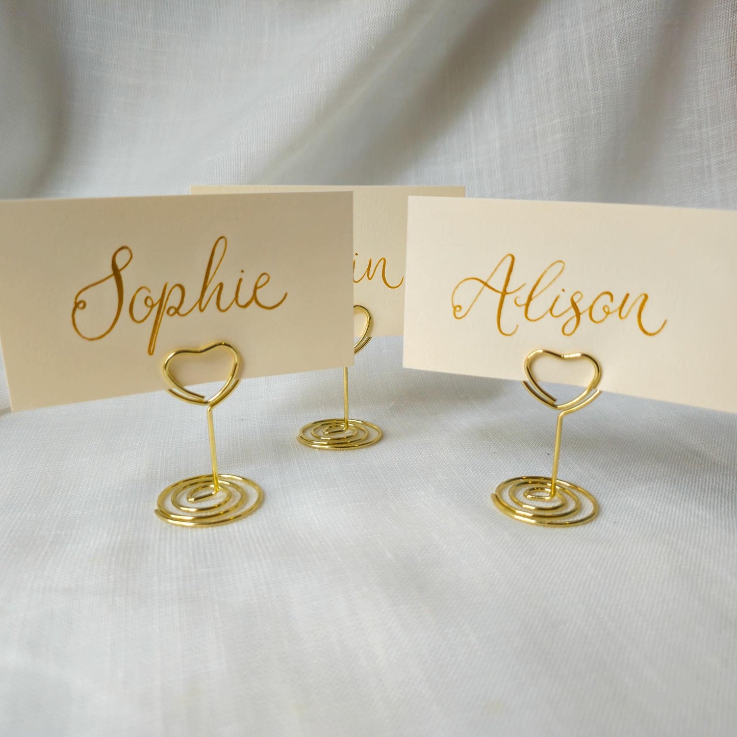 Place Name and Matching Holder, Heart Metal Wedding Name Card Stand, Ivory and Gold Calligraphy, Table Number or Photo Holder