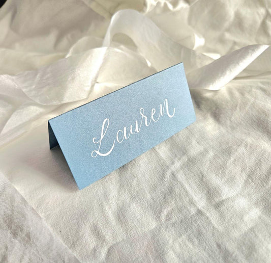 Dusty Blue Wedding Place Names | Blue Tented Place Names | White Ink Wedding Place Cards | Handwritten Calligraphy