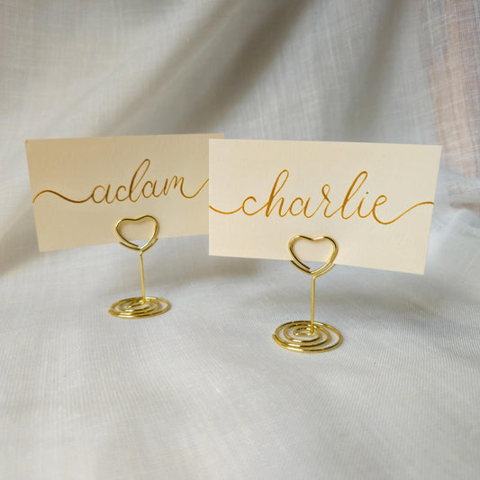 Place Name and Matching Holder, Heart Metal Wedding Name Card Stand, Ivory and Gold Calligraphy, Table Number or Photo Holder
