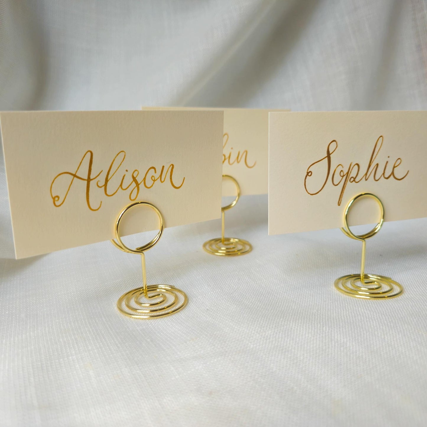 Gold Place Card with Holder: Ivory Calligraphy Wedding Table Decor