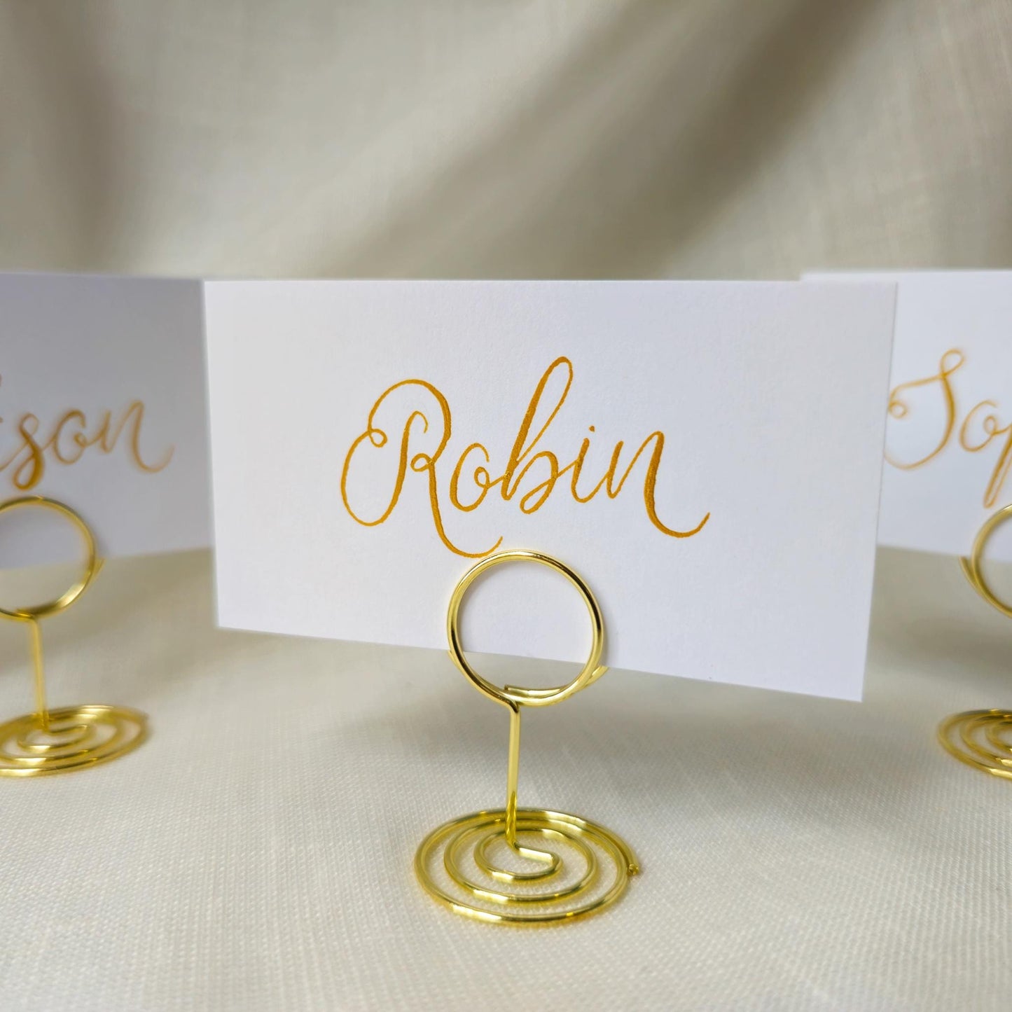 Handwritten Gold Place Card with Metal Place Name Holder | Calligraphy Wedding Place Card | Table Plan