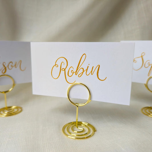 Handwritten Gold Place Card with Metal Place Name Holder | Calligraphy Wedding Place Card | Table Plan