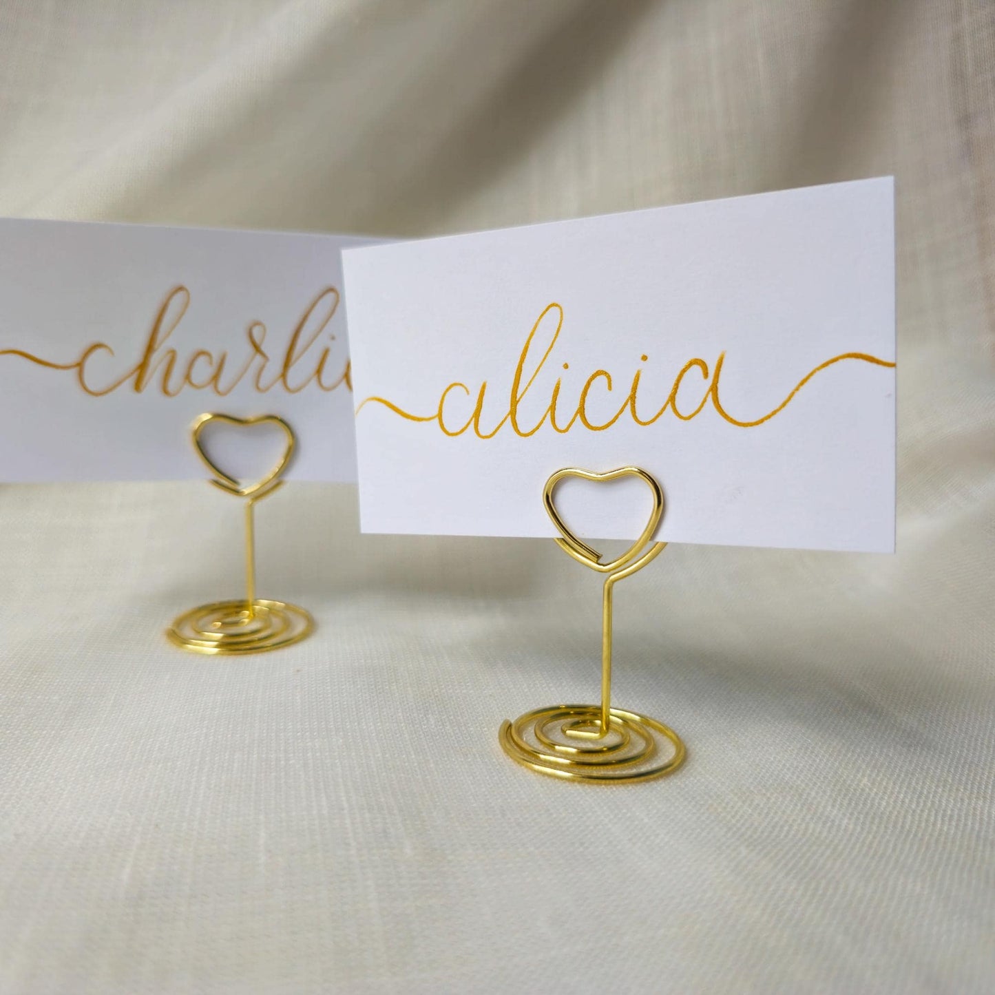 Place Name and Matching Holder, Heart Metal Wedding Name Card Stand, White and Gold Calligraphy, Table Number, Wedding Table