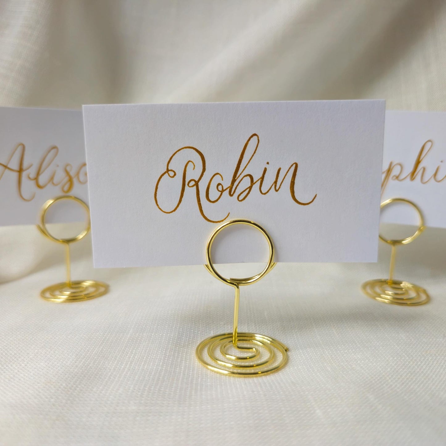 Handwritten Gold Place Card with Metal Place Name Holder | Calligraphy Wedding Place Card | Table Plan