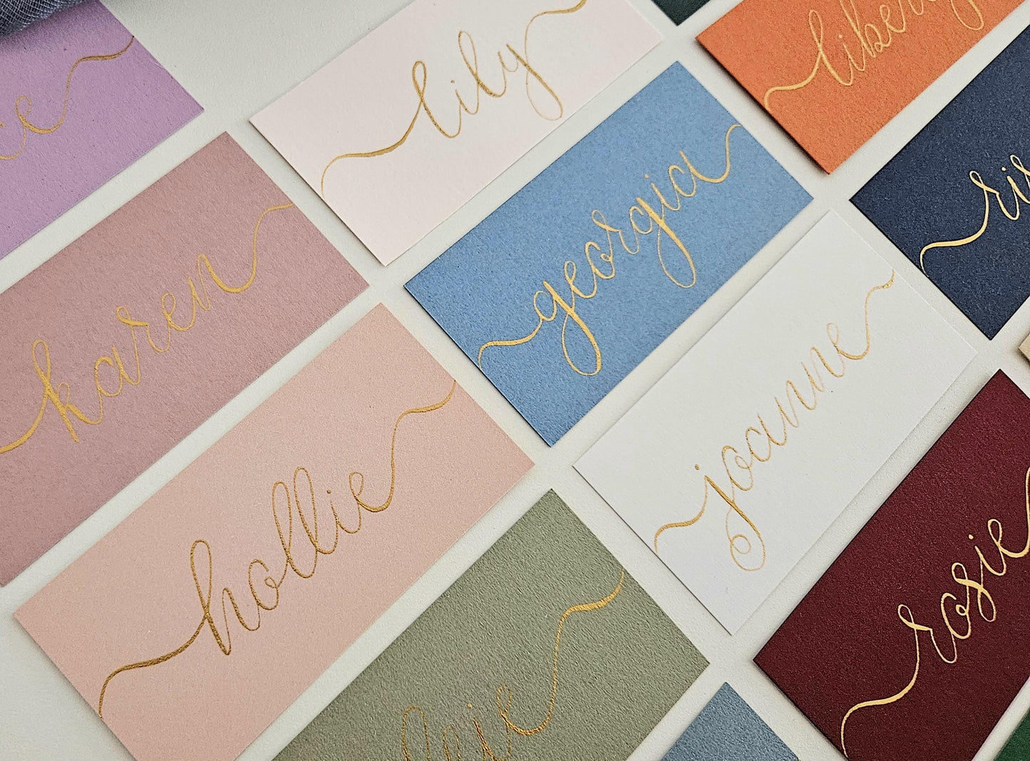Handwritten Coloured Flat Place Names | Gold, Blush Pink, Blue, Green Wedding Place Cards | Gold Ink Calligraphy | Seating Plan | Wedding
