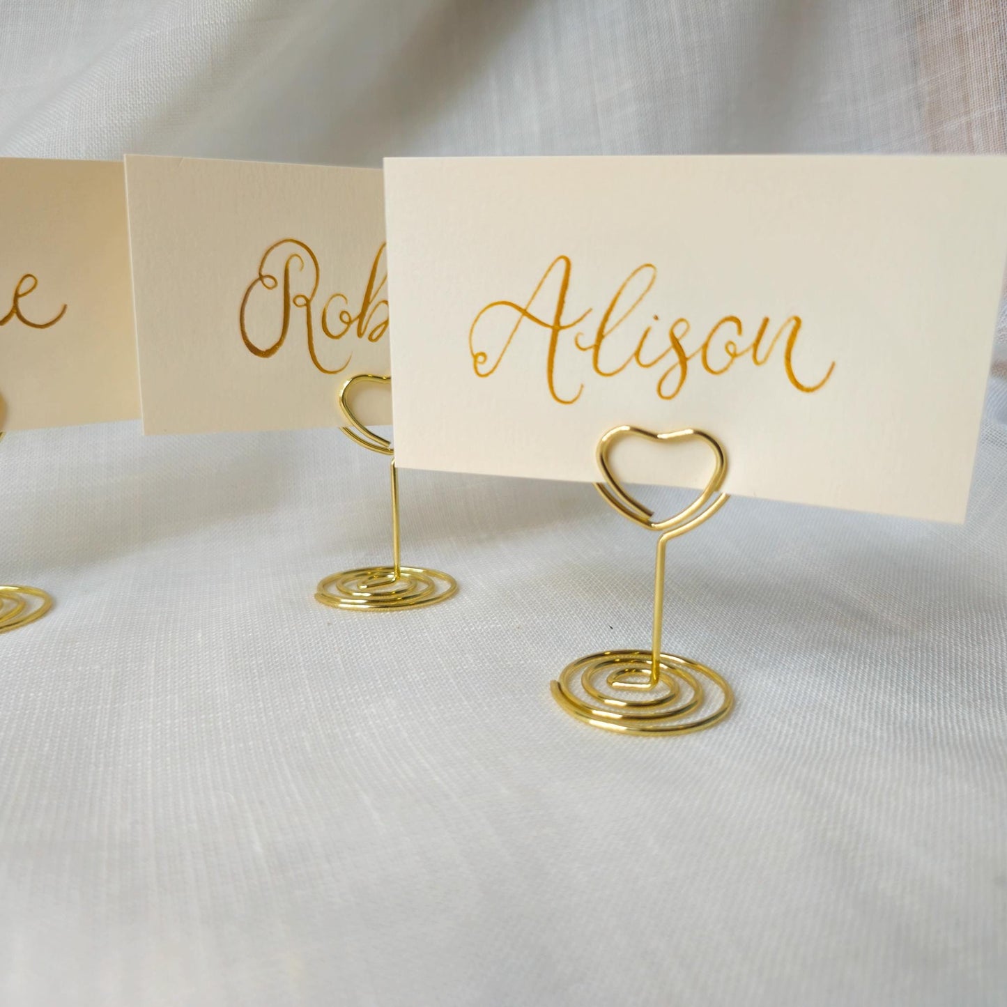 Place Name and Matching Holder, Heart Metal Wedding Name Card Stand, Ivory and Gold Calligraphy, Table Number or Photo Holder