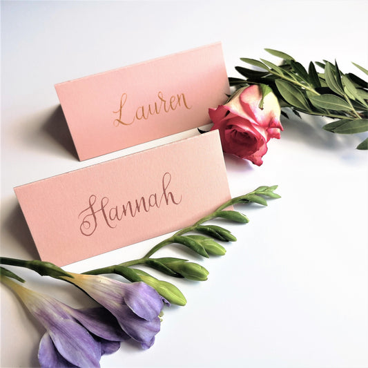 Blush Pink Wedding Place Names | Pink Matte Wedding Name Cards | Rose Gold Handwritten calligraphy