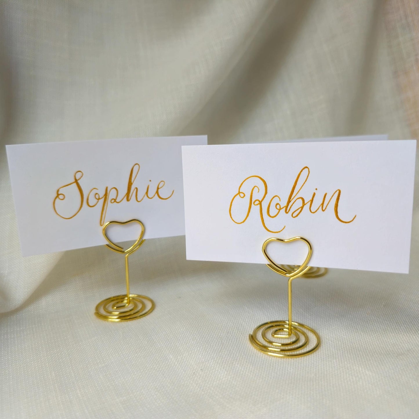 Place Name and Matching Holder, Heart Metal Wedding Name Card Stand, White and Gold Calligraphy, Table Number or Photo Holder