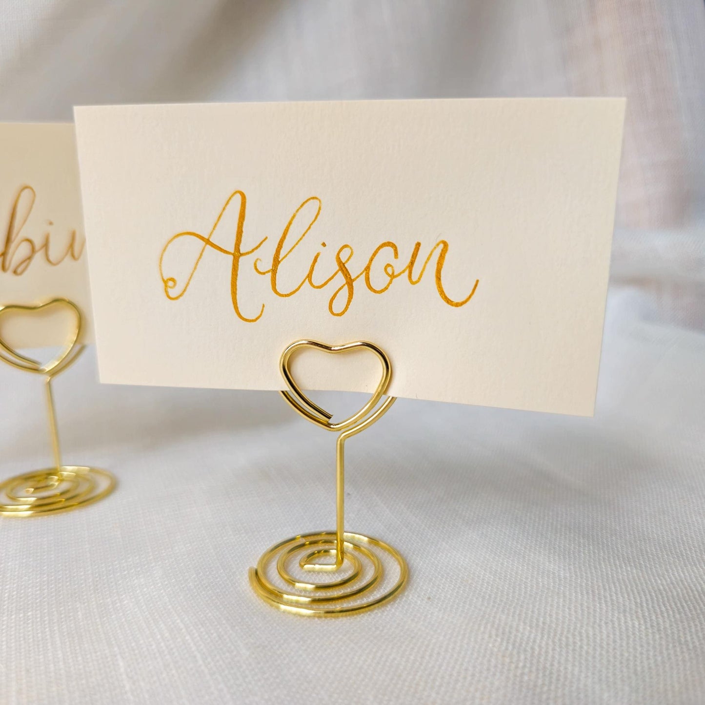 Place Name and Matching Holder, Heart Metal Wedding Name Card Stand, Ivory and Gold Calligraphy, Table Number or Photo Holder