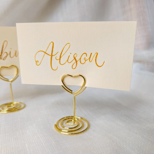 Place Name and Matching Holder, Heart Metal Wedding Name Card Stand, Ivory and Gold Calligraphy, Table Number or Photo Holder