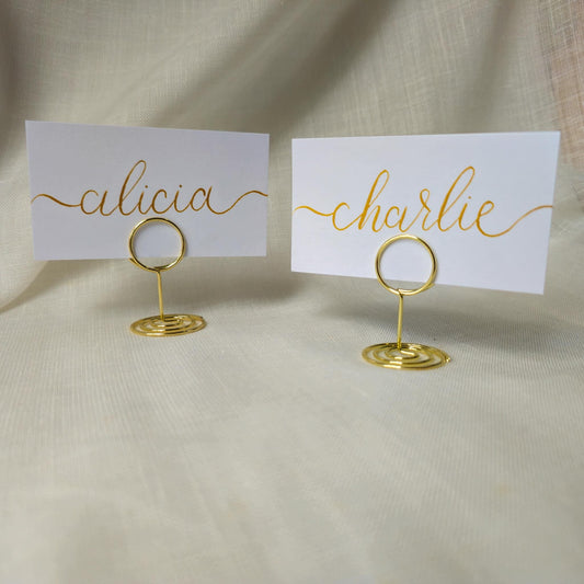 Place Name and Matching Holder, Round Circle Metal Wedding Name Card Stand, White and Gold Calligraphy, Table Number, Wedding Table
